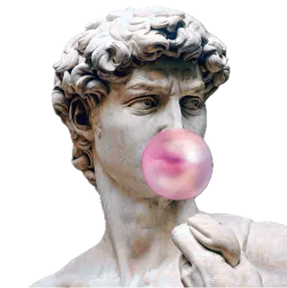 Michelangelo's David blowing a pink bubblegum bubble
